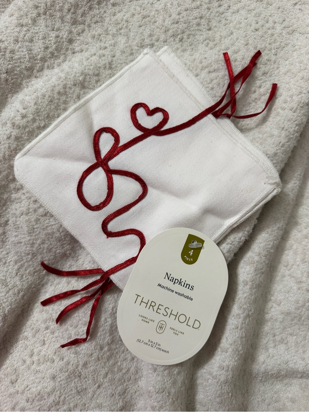 Target Threshold White Napkins with Red Heart Embroidered Ribbon 4 count